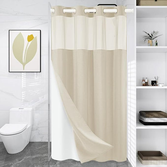 Small No Hook Shower Curtain with Snap in Liner, Polyester Textured Shower Curtain with Liner Set, Waterproof Washable Hotel Style Shower Curtains for Bathroom, 54Wx80H, Cream