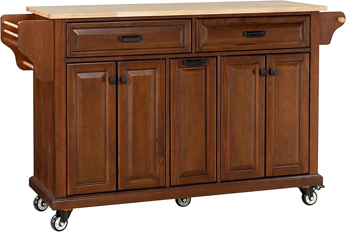 Rolling Solid Wood Kitchen Island with Rubberwood Top, 3 Drawers, 2 Cabinets, Adjustable Shelves, Spice Rack & Locking Wheels – Farmhouse Mahogany Painted Finish