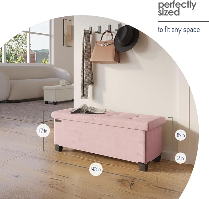 STORAGEBUD Storage Ottoman Bench with Bins, 43-in Storage Bench for Bedroom End of Bed, Folding Foot Rest Ottoman for Living Room Max 660lbs, Velvet Ottomans, Pink