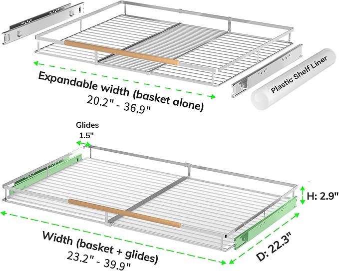 Expandable Pull Out Drawer Cabinet Organizers, Heavy Duty Slide Out Storage Shelf for Home Kitchen Pantry Cupboard Pots Pans, Adjustable Width from 23.2"~39.9", Stainless Steel 1 Pack