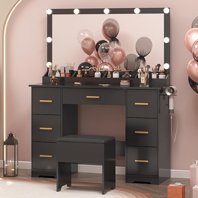 Vanity Desk with 38" Large Mirror and 9 LED Lights & Glass Top and Power Outlet, Adults Makeup Vanity with Chair and 7 Storage Drawers, Dressing Table Set for Bedroom, Modern Black