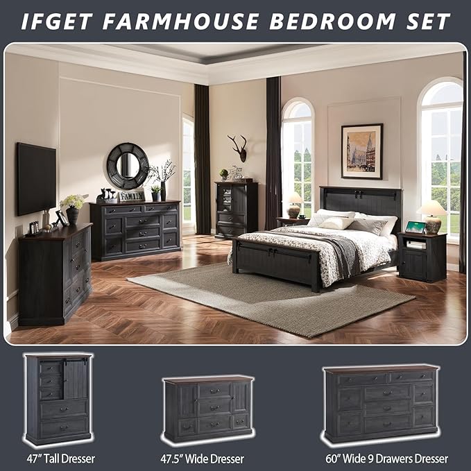 Farmhouse 9 Drawers Dresser for Bedroom, 60" Wide Wood Rustic Chest of Drawers, Large Storage Dressers Organizer for Bedroom, Living Room, Hallway, Dining Room, Dark Grey