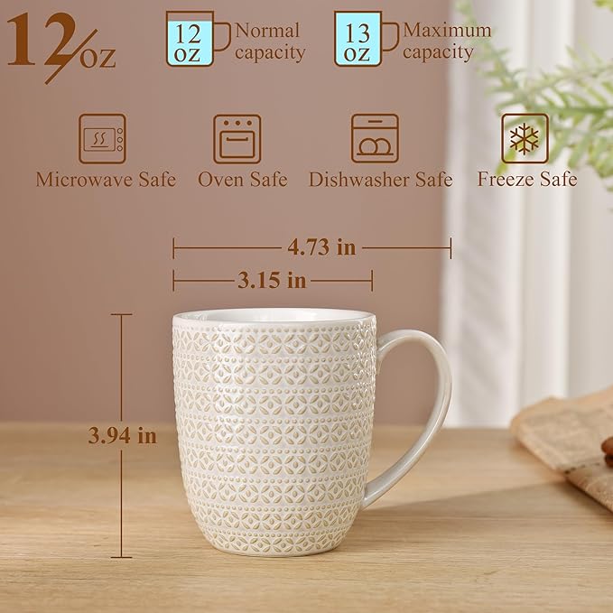 Embossment Coffee Mugs Set of 4, 12 oz Ceramic Coffee Cups Set, White Tea Cups with Large Handle for Latte, Cappuccino, Mocha, Cocoa, Microwave & Dishwasher Safe