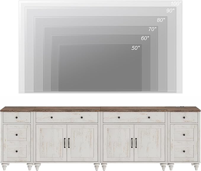 WAMPAT Farmhouse TV Stand for 100 Inch TV, 4-in-1 TV Console Table for 75/80/85/90 Inch TV, Entertainment Center with Charging Station, Kitchen Sideboard Buffet Cabinet for Dining Room, Rustic White