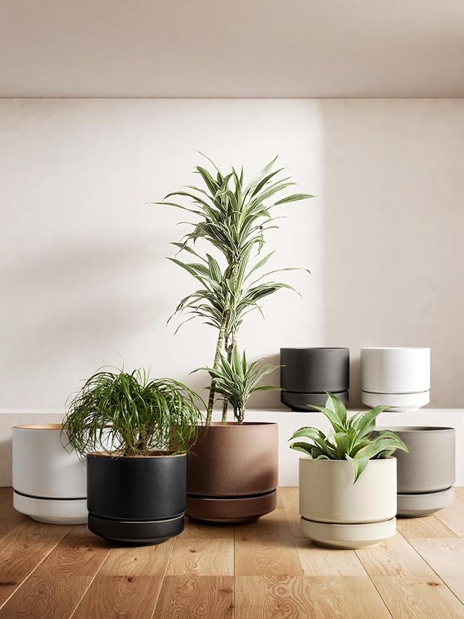 LE TAUCI Large 14 Inch Plant Pot with Saucer | Ceramic Outdoor & Indoor Big Planter Pot | Drainage Hole, Mesh Pad & Plug | Unglazed Porous | Modern Minimalist for Home and Patio – Neutral Gray