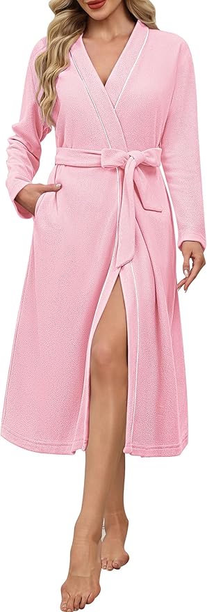 Ekouaer Robes for Women Long Sleeves Bathrobe V Neck Cozy Housecoat Lightweight Fleece Robe with Pockets S-XXL