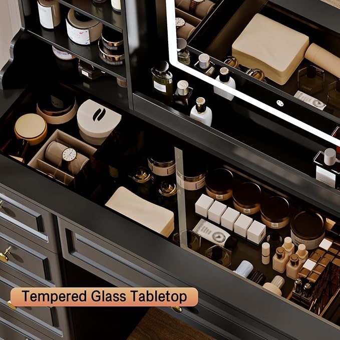 42" Makeup Vanity Desk with Mirror and Lights, & Power Outl, Glass Top Big Vanity Table with 9 Drawers& 8 Storage Shelves, Dressing Table Set with Chair for Bedroom, Black