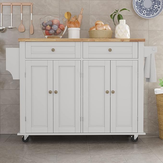 Rolling Kitchen Island with Drop Leaf – Movable Kitchen Carts on Wheels Island with Storage Cabinet, Island Table for Kitchen with Rubber Wood Top and Rack and Drawers, Matte, White