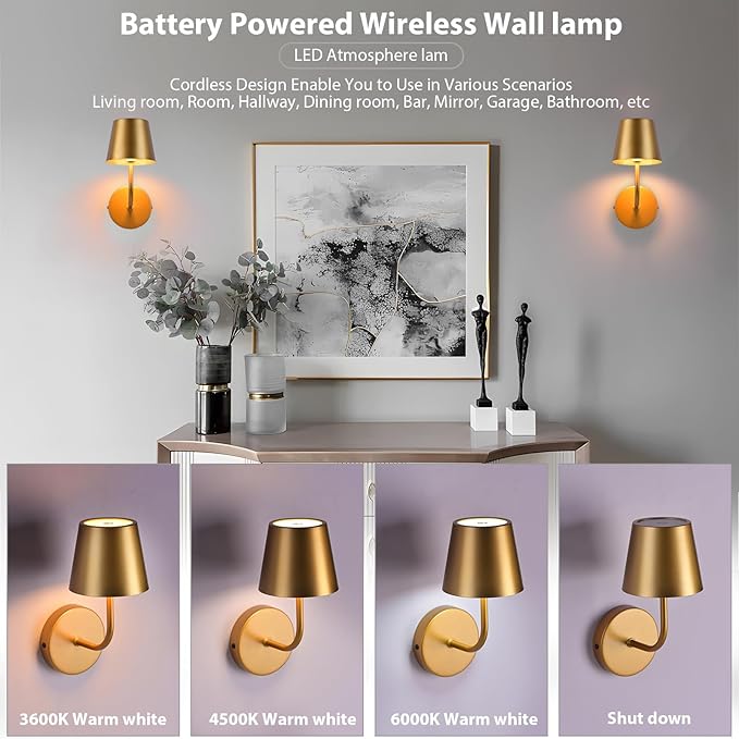 LED Wireless Wall Lamp Set of 2, with 5600mAh Rechargeable Battery Powered Wall Sconces, Touch for Remote Control Infinite Dimming Be Used for Bedroom Mirror Living Room Wall Painting(Gold)