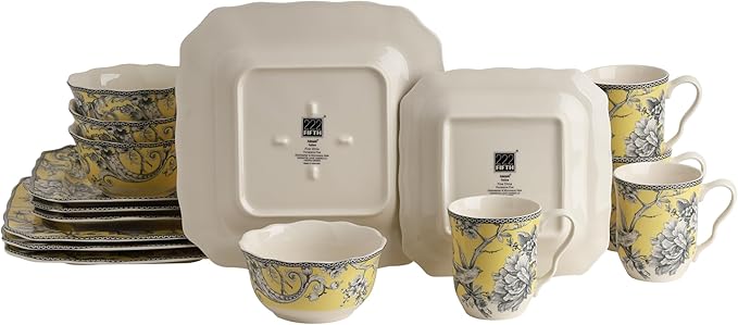 222 Fifth Adelaide 16-Piece Square Floral Dinnerware Set – Service for 4,Yellow Porcelain Plates & Bowls, for Everyday Dining & Entertainment, Microwave & Dishwasher Safe, Chip Resistant