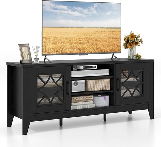 Tangkula Farmhouse TV Stand for TVs Up to 65-in, Classic Media Entertainment Center w/Glass Door Cabinets & 4 Adjustable Shelves, Modern TV Console Table w/ 3 Cable Holes for Living Room (Black)