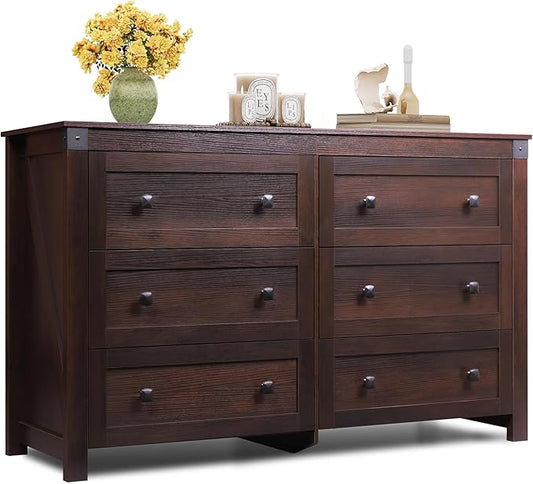 WLIVE Farmhouse 6 Drawer Dresser for Bedroom, 53.07'' Wide Wood Dresser, Storage Organizer with Double Rustic Handle, TV Stand for 60 inch TV, Chest of Drawers for Living Room, Hallway, Brown