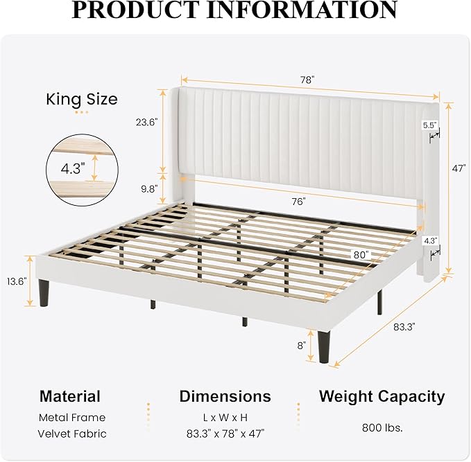 SHA CERLIN King Size Velvet Bed Frame with Vertical Channel Tufted Wingback Headboard, Upholstered Platform Bed with Wood Slats, No Box Spring Needed, Easy Assembly, White