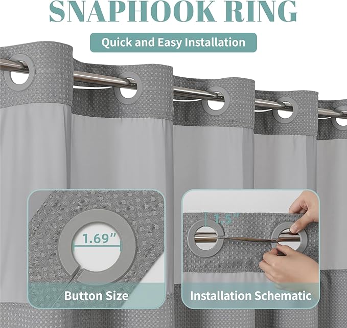 Grey Long No Hook Waffle Weave Shower Curtain with snap-in Liner Replacement, 230GSM Waterproof Fabric Hotel Shower Curtain Set for Bathroom, Through Mesh Top Window,71Wx80H