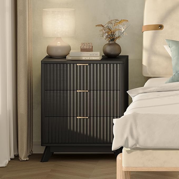 30" Tall Fluted NightStand Set of 2,Modern Side Table with Storage, 3 Drawers End Table with Charging Station,Night Stand Wood Bedside Tables for Bedroom,Curved Profile Design,Black