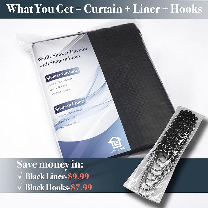 N&Y HOME Waffle Weave Shower Curtain with Snap-in Fabric Liner & 12 Black Hooks Set - Hotel Style, Water-Repellent & Washable, Mesh Top Window - 71x72, Black