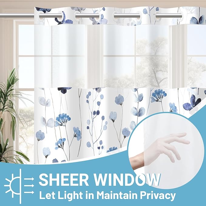 No Hook Shower Curtain with Snap in Liner - Watercolor Floral Shower Curtain - Fabric Waterproof Inner Liner, Plants Blue Flowers White Cloth Shower Curtains - Machine Washable, 71 x 74