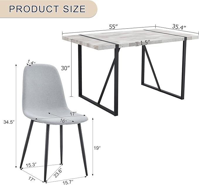 Dining Table Chairs Set for 4, Modern Rectangular Dining Room Table Set Upholstered Dining Chairs 55" Dinner Table Set for Kitchen (Grey Table & Grey2 Chairs, 55 inch Table + 4 Chairs)