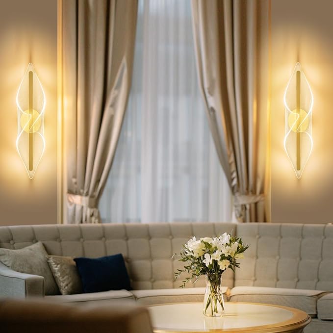 Modern Gold Wall Sconce 17.3Inch, Hardwired LED Wall Lamp with Remote Control Dimmable Acrylic Wall Lights for Living Room Hallway Bedroom Stairs