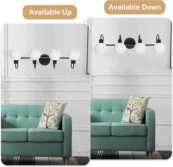 4-Light Vanity Light Fixtures, Black Bathroom Lighting Fixtures with Milk White Globe Glass Shade, Wall Mounted Lamp for Kitchen Over Mirror Bath Living Room