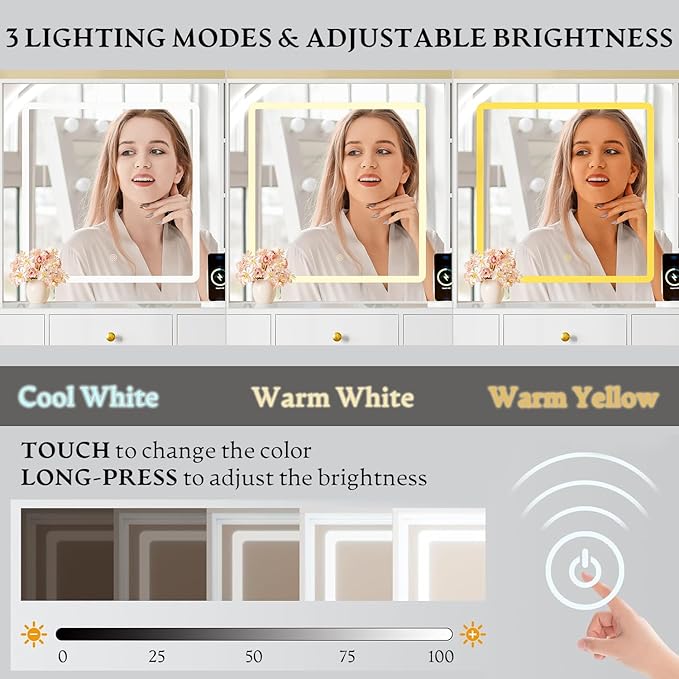 Makeup Vanity Desk with HD Lighted Mirror & Power Outlet, Glass Top Vanity Table Set with Storage Drawers & RGB Cabinets, Large Dressing Table with 3 Lighting Modes for Bedroom Women Girls Kids, White