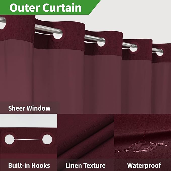 No Hooks Needed Linen Textured Shower Curtain with Snap-in Fabric Liner Set,Hotel Luxury Decor Shower Curtains for Bathroom with Mesh Top Window,Waterproof & Washable,71Wx74H,Burgundy