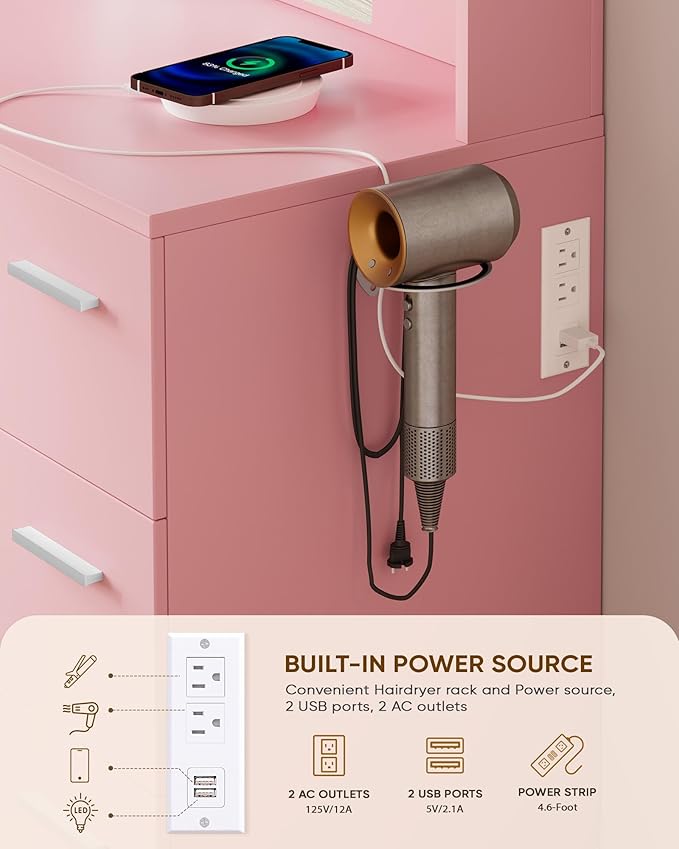 Large Makeup Vanity Desk, 43.3“W x 15.7”D x 53.2“H, Pink (Large Desktop, Samrt LED Mirror, 4 Open Shelves, 7 Drawers, Hairdryer Rack, Power-Outlet)