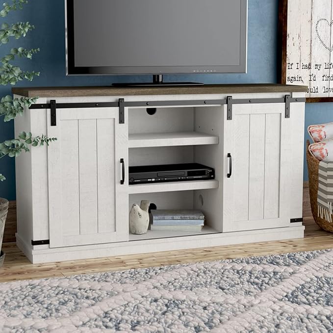 Farmhouse TV Stand for 60inch Television Stand, Entertainment Center with Storage Cabinet and Sliding Barn Doors & Adjustable Shelves, Rustic Media Console Table for Living Room