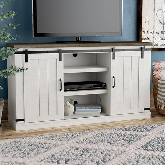 Farmhouse TV Stand for 60inch Television Stand, Entertainment Center with Storage Cabinet and Sliding Barn Doors & Adjustable Shelves, Rustic Media Console Table for Living Room