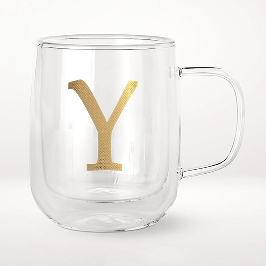 COLLECTIVE HOME - Double Walled Glass Coffee Mugs, Insulated Coffee Mug with Handle, Personalized Gifts for Women, Men, Christmas, 14 oz Monogram Cups (Y)