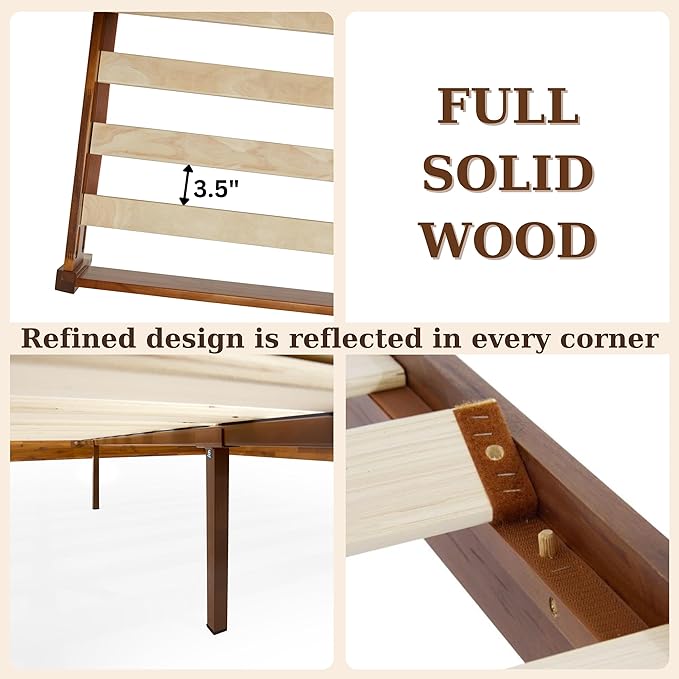 Bme Dinkee King Bed Frame Wood 15 Inch - Solid Wood Platform Bed Frame - Japanese Joinery Bed - Modern & Minimalist Style - Wood Slat Support - Easy Assembly - No Box Spring Needed - Chocolate