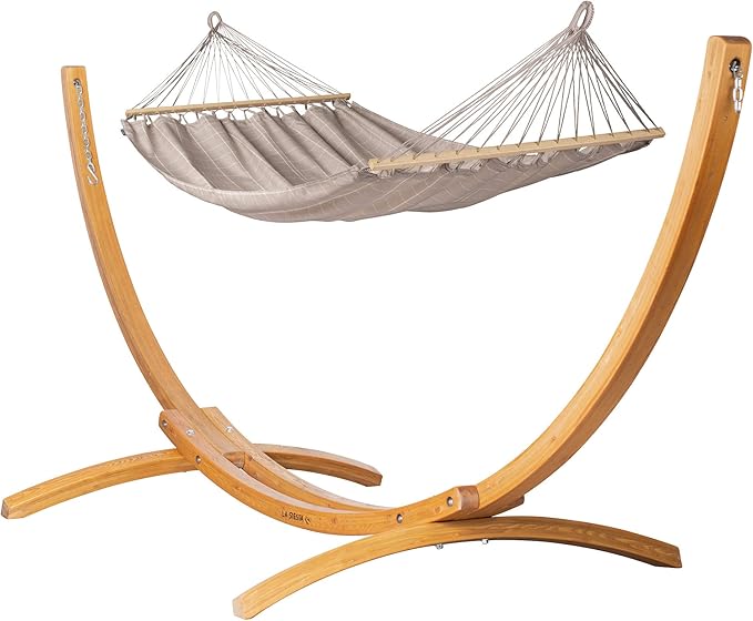 LA Siesta® Alisio Hammock with Spreader Bar & Elipso Stand, Outdoor Hammock with Stand Included, Larch Wood Stand - Weatherproof Outdoor Hammock, 2 Person Hammock w/Stand - Max 355 Lbs, Almond