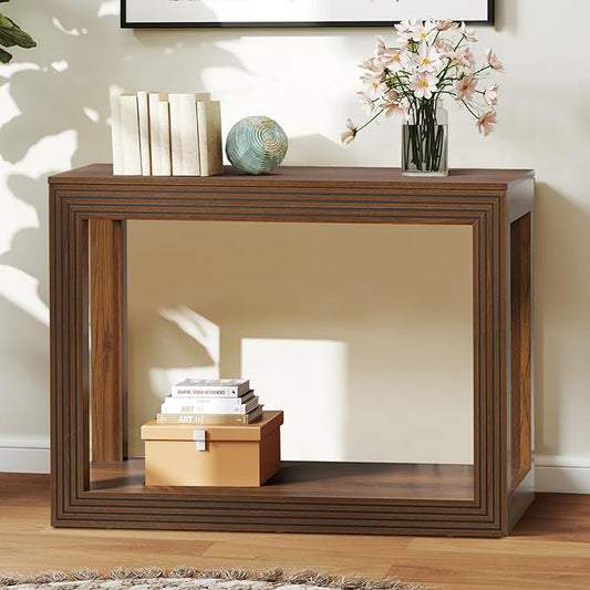 Mid-Century Fluted Console Table with Storage, Narrow Wooden Entryway Sofa Table Behind The Couch Small Entry Table for Entryway, Front Hall, Hallway Living Room, Walnut