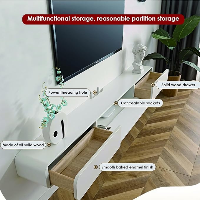 FPIGSHS Wall Mounted Media Console with 2 Drawers，Solid Wood 71in Floating TV Stand，Hanging TV Shelf Entertainment Center TV Cabinet, for Home Office (B, 180cm/71in)…