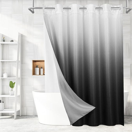 MitoVilla No Hooks Needed Black Ombre Waffle Shower Curtain with Snap-in Liner, Modern Waffle Weave Heavy Duty Fabric Cloth Shower Curtain for Luxury Neutral Hotel Spa Bathroom Decor, 72 x 74