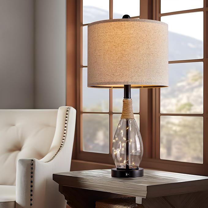 OYEARS 23" Farmhouse Table Lamps for Living Room,Boho Rattan Bedside Lamps with USB-C & USB-A Ports, Glass Nightlight, Dual Light Sources, Black