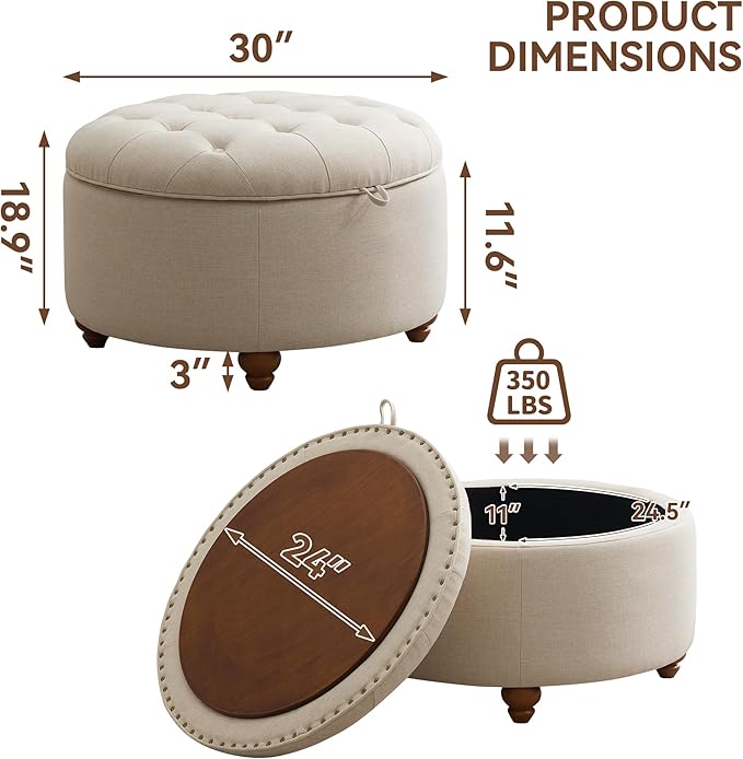30Inch Round Storage Ottoman with Tray, Modern Tufted Fabric Circle Coffee Table with Storage, Upholstered Ottoman with Removable Top for Living Room, Bedroom, Khaki