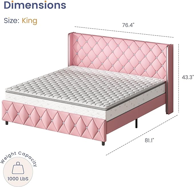 King Bed Frame and Headboard, Faux Leather Upholstered Bed with Wingback Design, Pink Bed Frame with Diamond, No Box Spring Needed, Easy Assembly