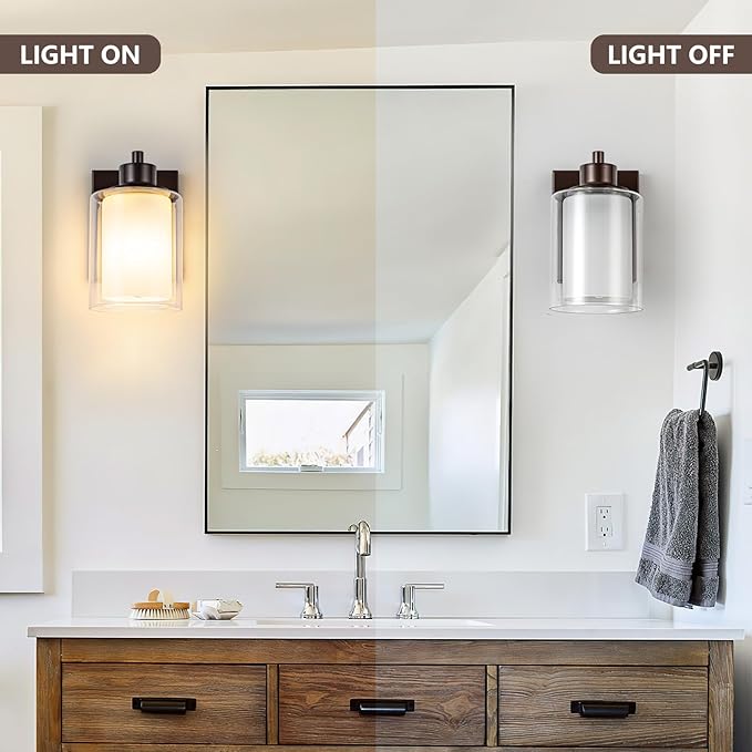 2 Pack Bath Vanity Light Fixtures, Modern Indoor Wall Scone Lighting with Dual Glass Shade, Oil Rubbed Bronze Wall Lamp for Bedroom Mirror Kitchen Living Room Entryway