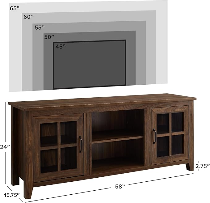 Walker Edison Dakota Modern Farmhouse 2 Glass Door Stand for TVs up to 65 Inches, 58 Inch, Dark Walnut