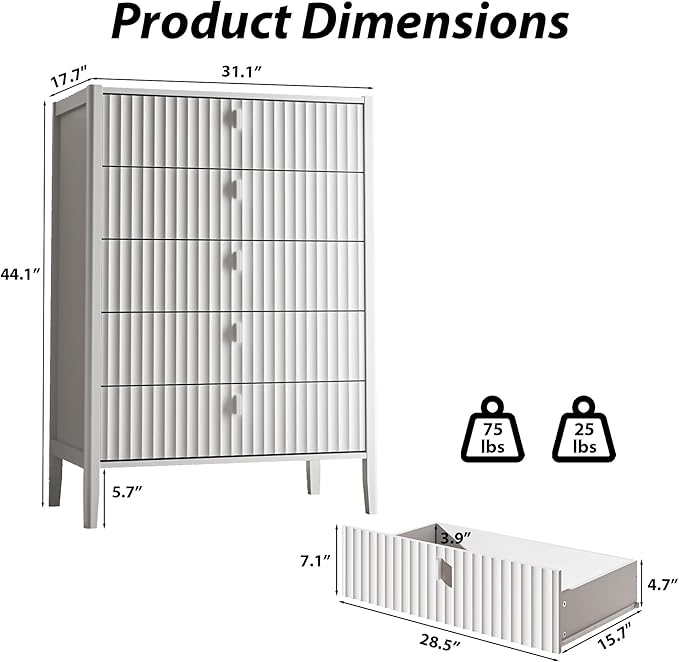 White 5 Drawer Dresser, Fluted Wood Chest of Drawers for Bedroom, Modern Dresser with Deep Drawers for Clothes, 32 Inch Tall Nightstand for Bedroom, Living Rooms, Offices, and Entryways