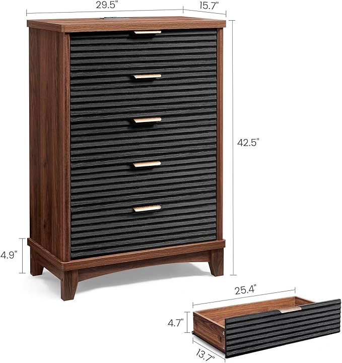 AOGLLATI Black Dresser for Bedroom with Slanted Louvre Design,Retro Chest of Drawers with Charging Station, Wooden Tall 5 Drawer Dresser for Bedroom,Living Room, Hallway, Black & Brown