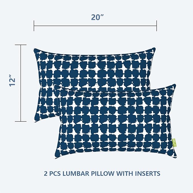 LVTXIII Outdoor/Indoor Lumbar Pillows, Decorative Patio Lumbar Cushions, Fluffy Water Repellent Garden Cushions for Home Patio Coach Sofa Use, 12×20 Inch, Pack of 2, Tie-dye Navy