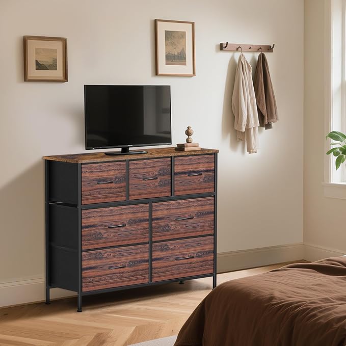 Dresser for Bedroom with 7 Drawers, Chest of Drawers, Storage Drawers Organizer Unit, Black Wide Fabric Dresser with Fabric Bins for Closet, Living Room, Entryway (Brown and Rustic Brown)