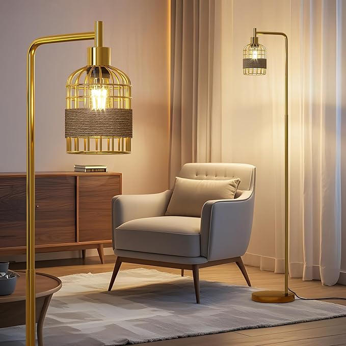 Oneach 66" Gold Floor Lamp for Living Room, Industrial Floor Lamp with LED Buld, Rattan Shade, Foot Switch, Minimalist Farmhouse Tall Standing Lamp for Bedroom, Office, Study Room