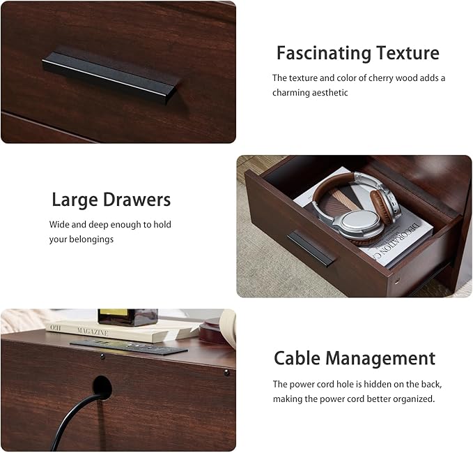 LIDYUK Dark Cherry Dresser for Bedroom, 3 Drawer Dressers & Chest of Drawers, Modern Wood Dresser with Charging Station, End Table Nightstand Bedside Table for Bedroom, Living Room