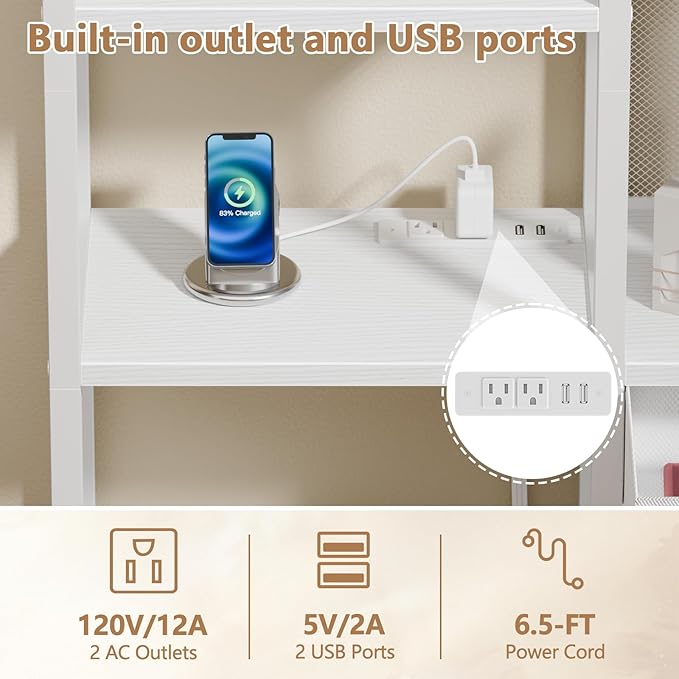 Furologee 6-Tier Bookshelf with Charging Station, Double Display Shelf with Drawer, Tall Freestanding Bookcase, Metal Open Book Shelf for Living Room, Bedroom, Home Office, White