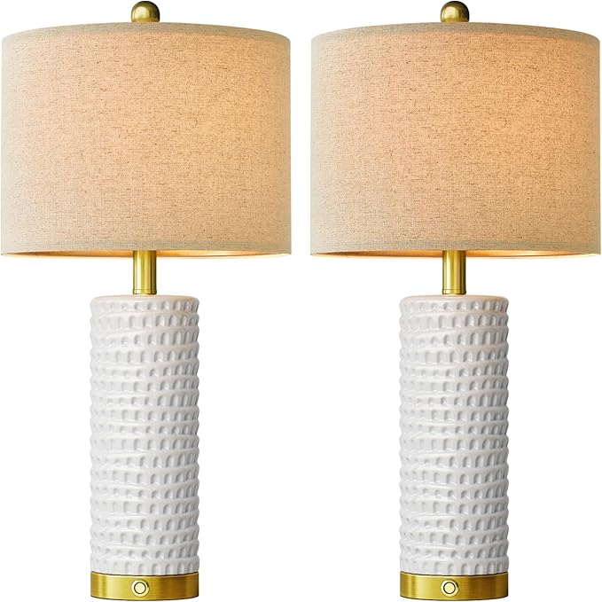PORTRES 24" Modern Ceramic Table Lamp Set of 2 for Living Room Gold Bedside Lamps with USB A+C Charging Ports for Bedroom Farmhouse Nightstand Lamp 3-Way Dimmable Touch End Table Lamps