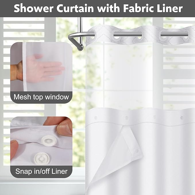 No Hook Shower Curtain Set with Snap in Liner, White Jacquard Tufted Geometric Bath Curtain, Boho Luxury Hotel Bathroom Decor, Waterproof Washable, 71 x 80 Inch