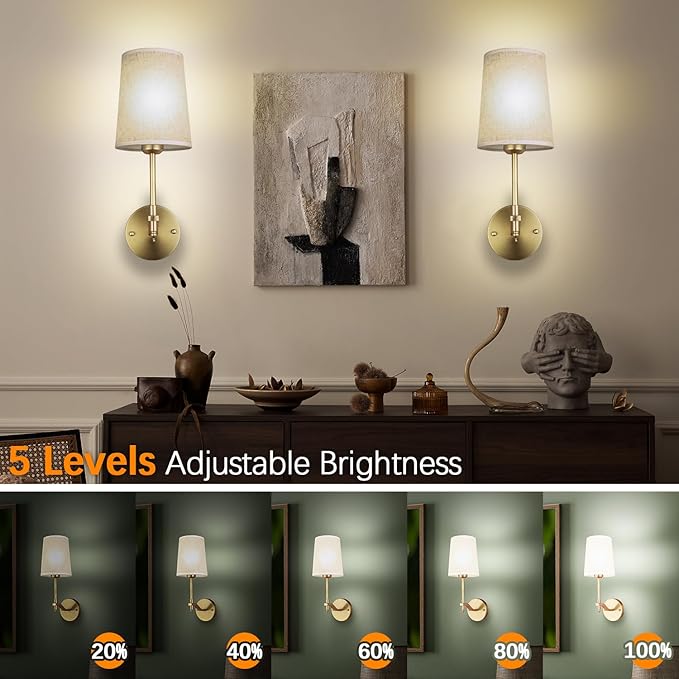 Battery Operated Wall Sconces Set of 2, Gold Rechargeable Wall Lights with 15 RGB Dimmable Detachable Bulbs and Remote, Wireless Battery Powered LED Wall Lamp for Living Room Bedroom